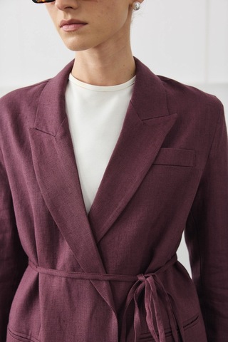 Molene Mürdüm Biye Kemerli Keten Blazer