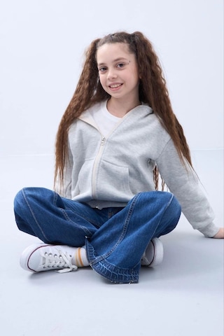 Kız Çocuk Kapüşonlu Kanguru Çepli Tam Fermuarlı Hırka Sweatshirt - Gri Çok Renkli