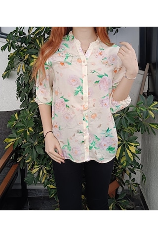 Kadın Kaçık Yaka Çiçekli/çiçek Desenli Poplin Bluz/gömlek 2276 Krem