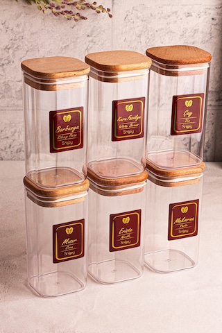 Snippy Boxy - 6'lı Ahşap Vakumlu Kapaklı Etiketli Baharatlık Takımı 350 Ml - Erzak Saklama Kabı Seti Ahşap