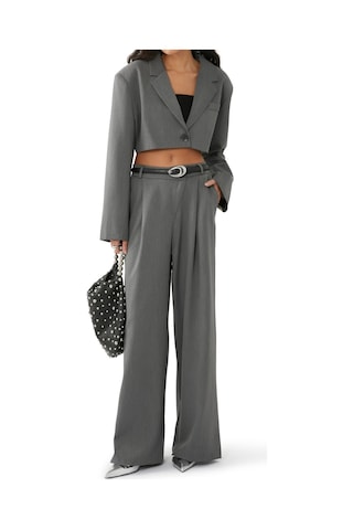 Reborn Society Kadınlar Için Şık Yaka Detaylı Crop Blazer Gri