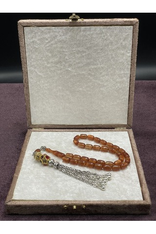 Gold Renkli Ve Taşlı Alpaka Aksamlı Sedef Simli Ateş Kehribar Tesbih Tarçın, 7x11 Mm Kırmızı