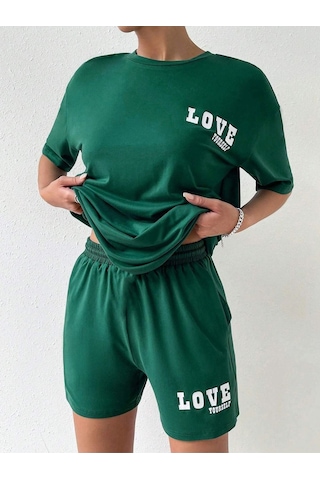 Love Yourself T-shirt Şort - Yeşil Alt Üst Kombin Şort Tişört Takım Baskılı Oversize Bisiklet Yaka Yeşil