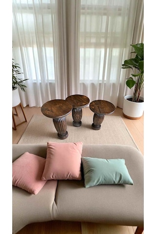 Ceviz Renkli Ahşap Mantar Sehpa Seti 3 Lü Zigon Sehpa Takımı