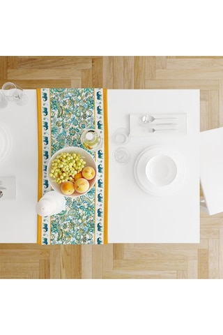 Blue Elephant Runner 140x45cm Mavi Fil Modeli Ince Keten, Uluslararası Yıkama Ve Solmama Sertifikası Çok Renkli