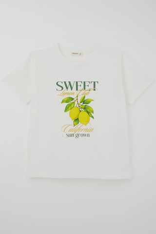 Breeze Kız Çocuk Kısa Kollu Tişört Limon Baskılı 9-14 Yaş , Ekru