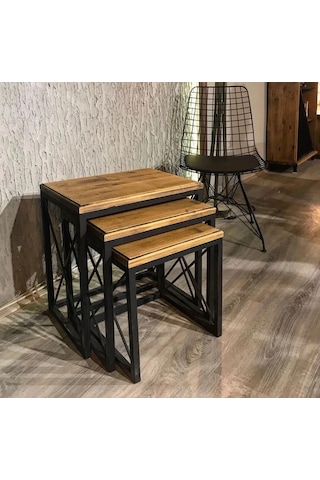 Deko 3'lü Zigon Sehpa Metal Ayaklı Doğal Ladin Ağacı