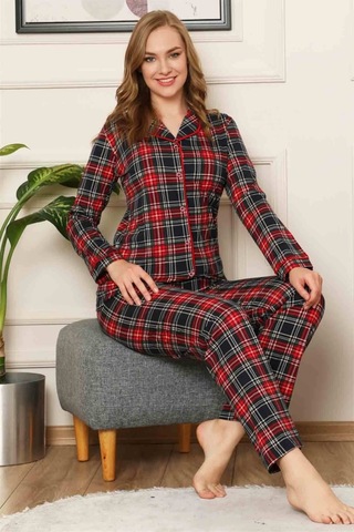 Farya Home Dreamy Ekoseli Pamuklu Biyeli Uzun Kollu Gömlek Pijama Takımı Siyah Kırmızı Siyah - Bordo