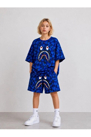 Wear Vexel Kız Çocuk Oversize Kalıp Pubg Bape X Shark Nakışlı Cepli Şort Takım - Mavi Çok Renkli