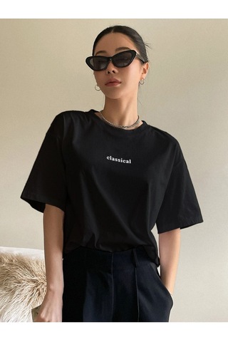 Kadın Siyah Oversize Classical Baskılı Örme T-shirt Siyah