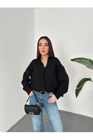 Hopıan Kadın Siyah Taş Baskılı Keten / Dokulu Oversize Gömlek