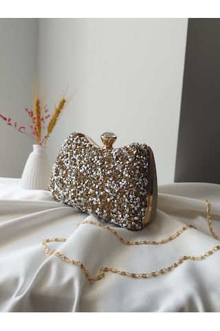 Vivazzaluxe Kristal Taşlı Kadın Abiye, Clutch Çanta Altın