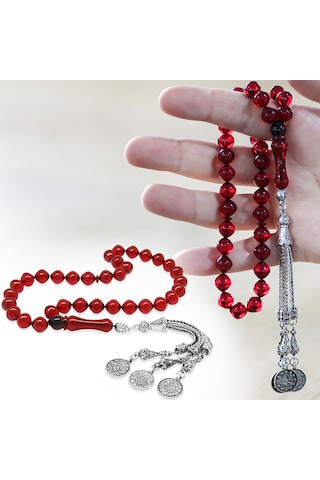 Tesbihname Ateş Kehribar Tesbih - Metal Püsküllü - Özel Hediye Kutulu - İstanbul Kesim - Bayrak Kırmızı Renk