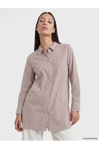 LC Waikiki Lc Waıkıkı Kahverengi Çizgili Poplin Kadın Gömlek Tunik
