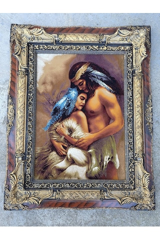 Siyular Kızılderili Aşıklar Adlı İran Tebriz Halı Tablo 95x75cm - Duvar Halı Kilim Tablo Model 2