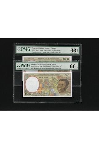 2 Adet Congo Central African States 1000 Francs Frank Seri Takipli P 102cg Pmg 66 Epq Gem Unc Çil