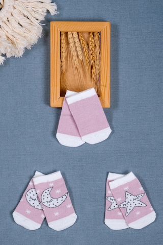 Cocole Socks Kız Bebek Soket Çorabı 3 Lü Set Pamuklu Gül Kurusu Ay & Yıldız Desenli Çok Renkli