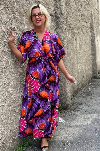 Mia Butik Kadın Mor Mozaik Desen Kruvaze Yaka Elbise-1494 Mor