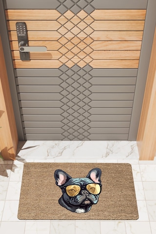 Rugmood Modern Dijtal Baskı Kahverengi Gözlüklü Siyah Köpek Kapı Önü Paspası