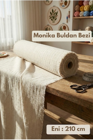 Monika Ham Kare Desenli Buldan Kumaş - Perde- Masa Örtüsü- Runner - Punch - Otantik Kumaş - 210cm Bej