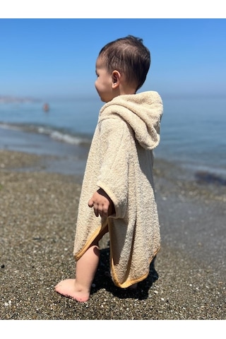 Organik %100 Pamuk Kapşonlu Plaj Çocuk Bebek Panço Bornoz Banyo Havlu Kapüşonlu 0 - 24 Ay