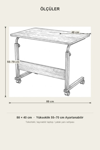 Piko Tekerlekli Laptop Sehpası Ahşap Desenli, Yükseklik Ayarlı Yan Çalışma Sehpası Çok Renkli