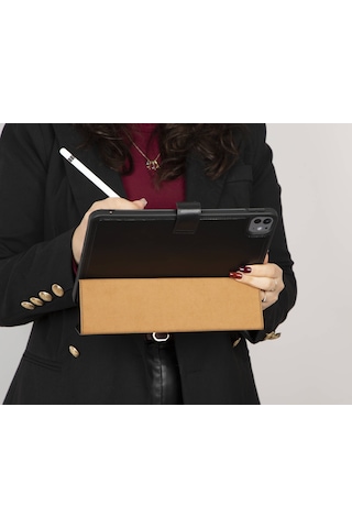 Bloomcase Trigon Obsidian Black Apple Uyumlu iPad Pro 11" 2024 Hakiki Deri Kılıf Kapaklı Kılıf