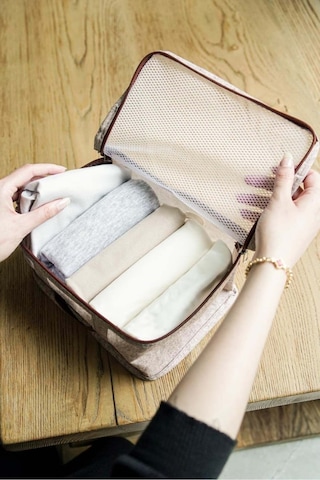 Derili 6 Parça Bavul İçi Seyahat Çantası, Bej Desenli