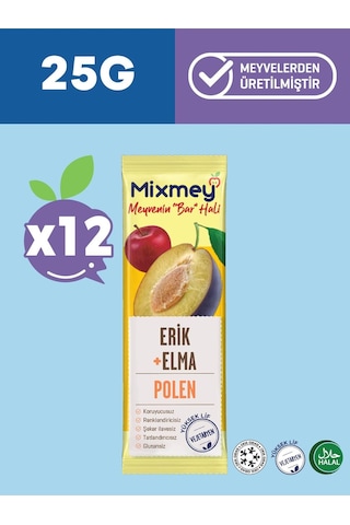 Mixmey Bee Polen Erik Meyve Barı 12 Adet | Atıştırmalıklar – Glutensiz, Koruyucusuz 25 gr X 12 Adet
