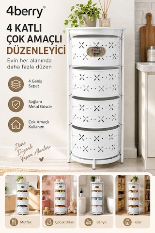 4 Katlı Metal Çok Amaçlı Düzenleyici Sepet Mutfak Sebzelik, Oyuncak, Banyo Ve Ev Organizeri Beyaz