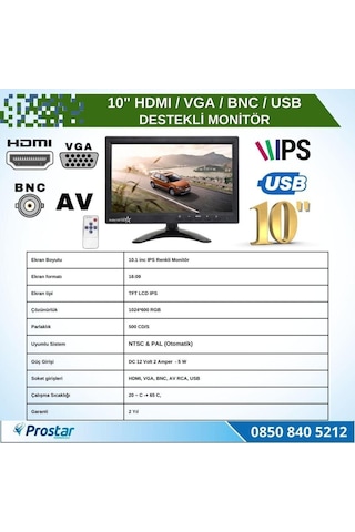 10.1 İnç Büyük Ekranlı Hdmi Vga Bnc Av Usb Girişli Monitör