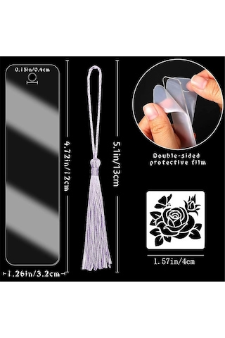 Şeffaf Akrilik Kitap Ayracı Seti, Renkli Püsküllü Çiçek Desenli