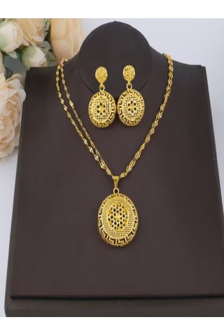 24k Altın Kaplama Etnik Kolye Ve Küpe Takı Seti Altın