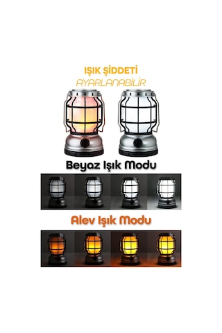 Şarjlı Solar Kamp Lambası - Alev Efektli Powerbank Özellikli Su Geçirmez Led Işıldak Gri 47721 Gri