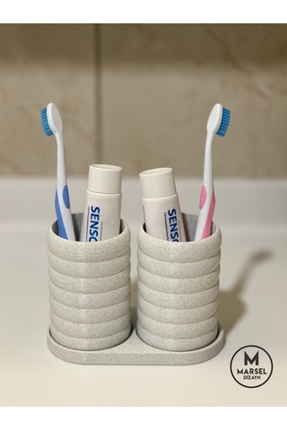 Modern Banyo Düzenleyici V2 - Diş Fırçalık Seti - İkili Set - Mermer Beyaz 10cm Mermer
