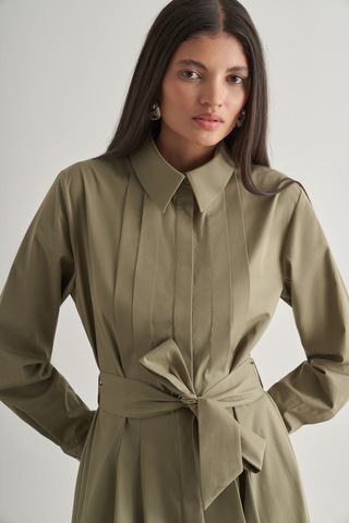 Mizalle Premium Saf Pamuk Haki Piliseli Uzun Elbise Haki