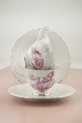 Altın Yaldızlı Gül Kurusu İngiliz Desen 2 Kişilik Kahve Fincan Takımı Beyaz