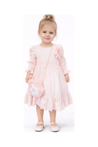 İrem Çocuk Giyim Kız Çocuk Güpürlü Balon Kol Model Bilekleri Lastikli Peluş Çantalı Pudra Renk Midi Boy Elbise Pudra