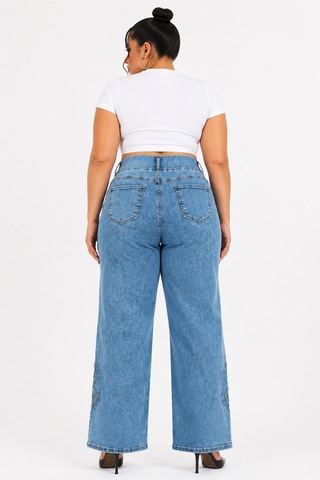 Zanessi Fashıon Büyük Beden Beli Lastikli Bol Paça Nakışlı Denim Kadın Pantolon Mavi