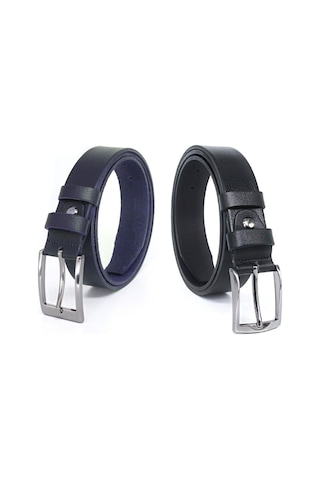3,5cm Siyah - Lacivert 2'li %100 Manda Derisi Erkek Klasik Kemer Siyah - Lacivert