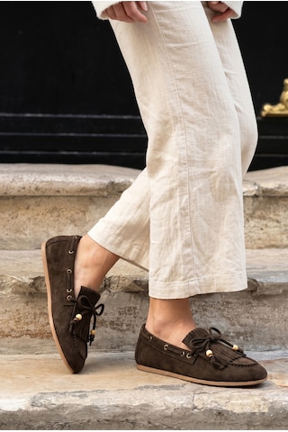 Giamgia Store Püsküllü Boncuk Detaylı Kahverengi Süet Makosen Loafer Ayakkabı-2415