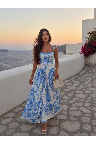Asprinfashion Askılı Çiçek Uclu Baskılı Elbise Mavi