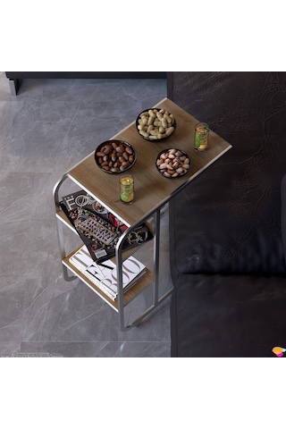 Modilayn C Yan Sehpa Dar Boy Tekerlekli Çalışma, Atıştırmalık, Yemek, Laptop Sehpası Meşe Ceviz