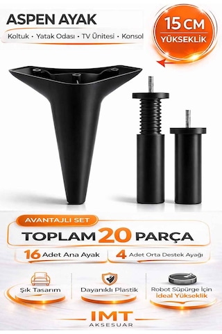 Aspen 15 Cm Siyah 20 Adet Mobilya Ayağı Robot Süpürgeye Uyumlu Koltuk Tv Ünitesi Konsol Ayağı Siyah