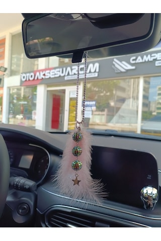 Disko Toplu Metal Yıldız Dikiz Ayna Süsü Pudra Pembe Tüylü Renk