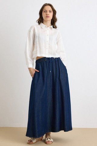 Olcay Beli Lastikli Soft Denim Etek Lacivert 7068