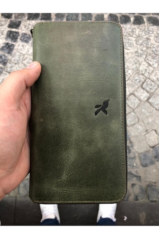 Karalı Deri Unisex Koyu Yeşil Hakiki Deri Telefon Bölmeli Kartlıklı Cüzdan El Portföyü Yeşil
