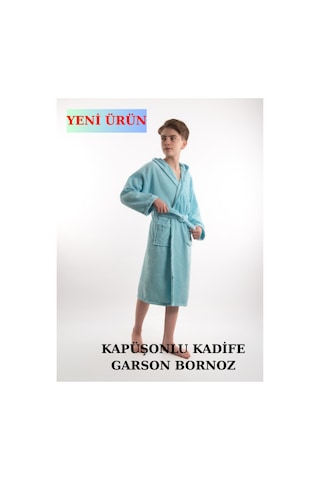Pamuklu Kapüşonlu Genç Garson Boy Unisex Cepli Bukle Kadife Bornoz Turkuaz