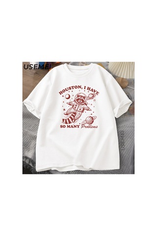 Tarzsokak Houston O Kadar Çok Sorun Var T Shirt Erkek Kadın Komik Vintage Komik Rakun Uzayda Hayvan T-s 2977 Beyaz