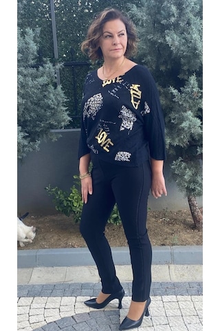 Kadın Siyah Punto Yanları Taş Detaylı Pantolon Siyah